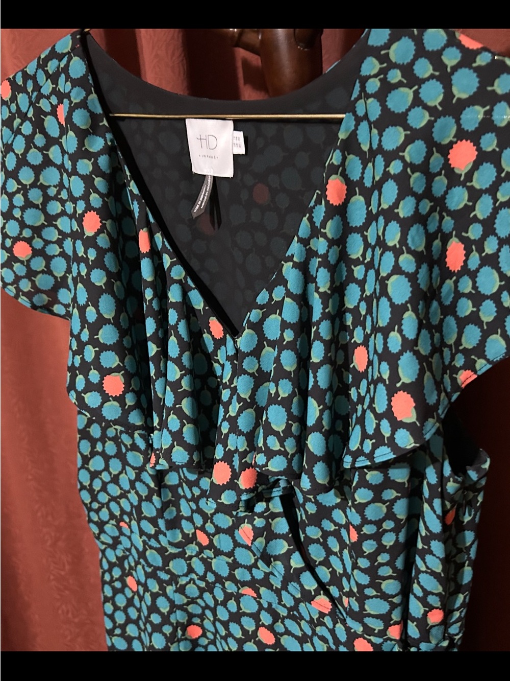 Anthropologie HD IN Paris Faux Wrap Ruffle Polka Dot High-Low Dress Teal Coral - Picture 4 of 5